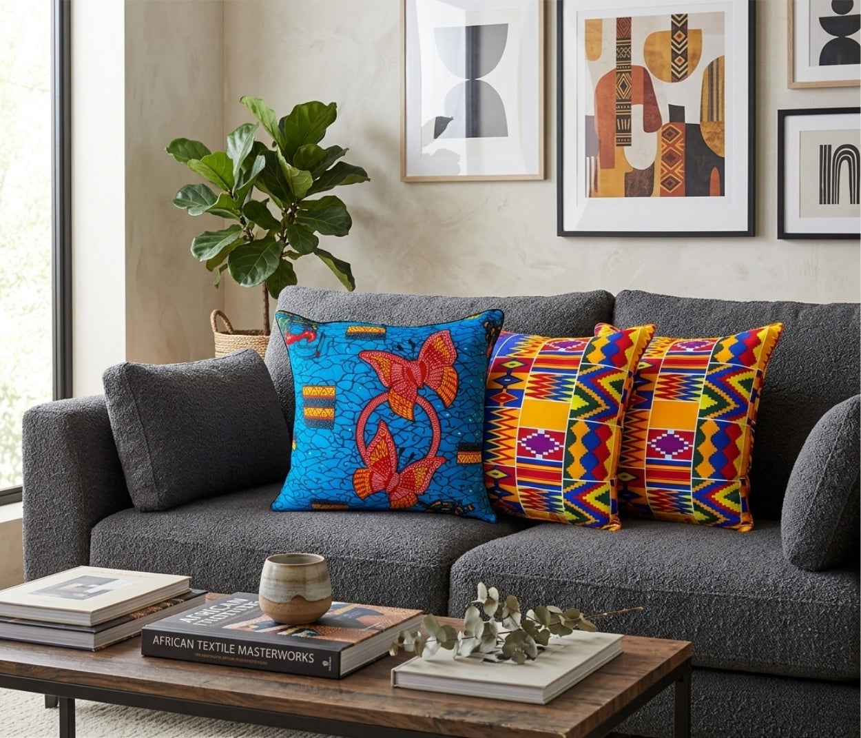 African Print Fabric Pillow Cover - Blue Red Butterflies