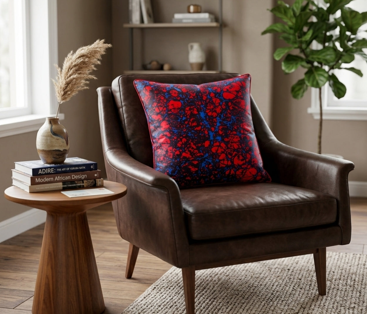 African Print Fabric Pillow Cover - Red Blue Marble