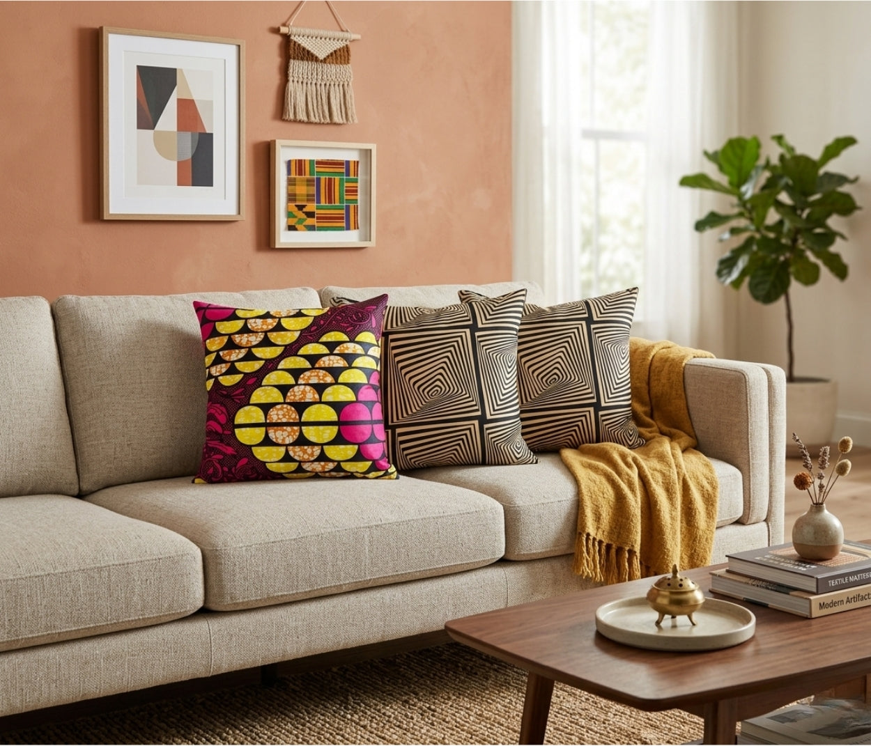 African Print Fabric Pillow Cover - Black Beige Abstract Pattern