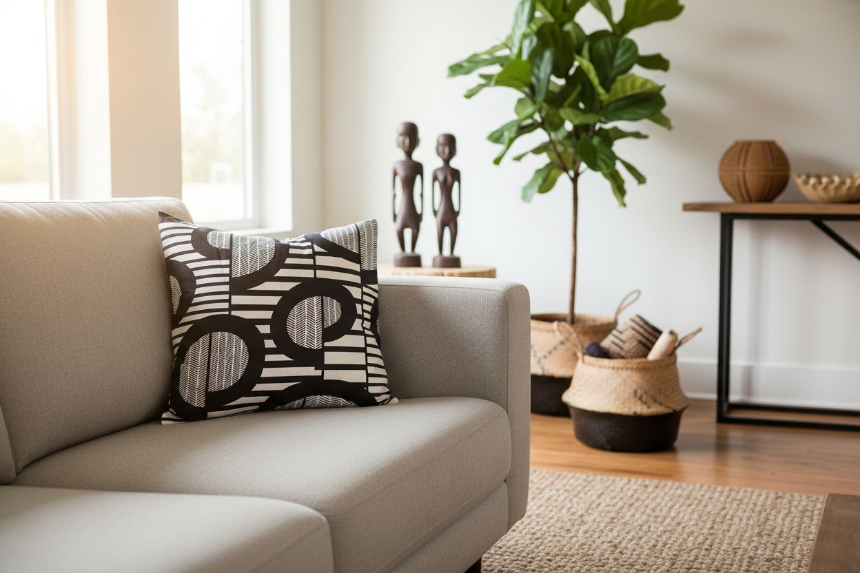 African Print Fabric Pillow Cover - Black White Abstract Pattern