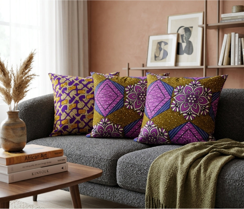 African Fabric Pillow Cover - Purple Olive Green Navy