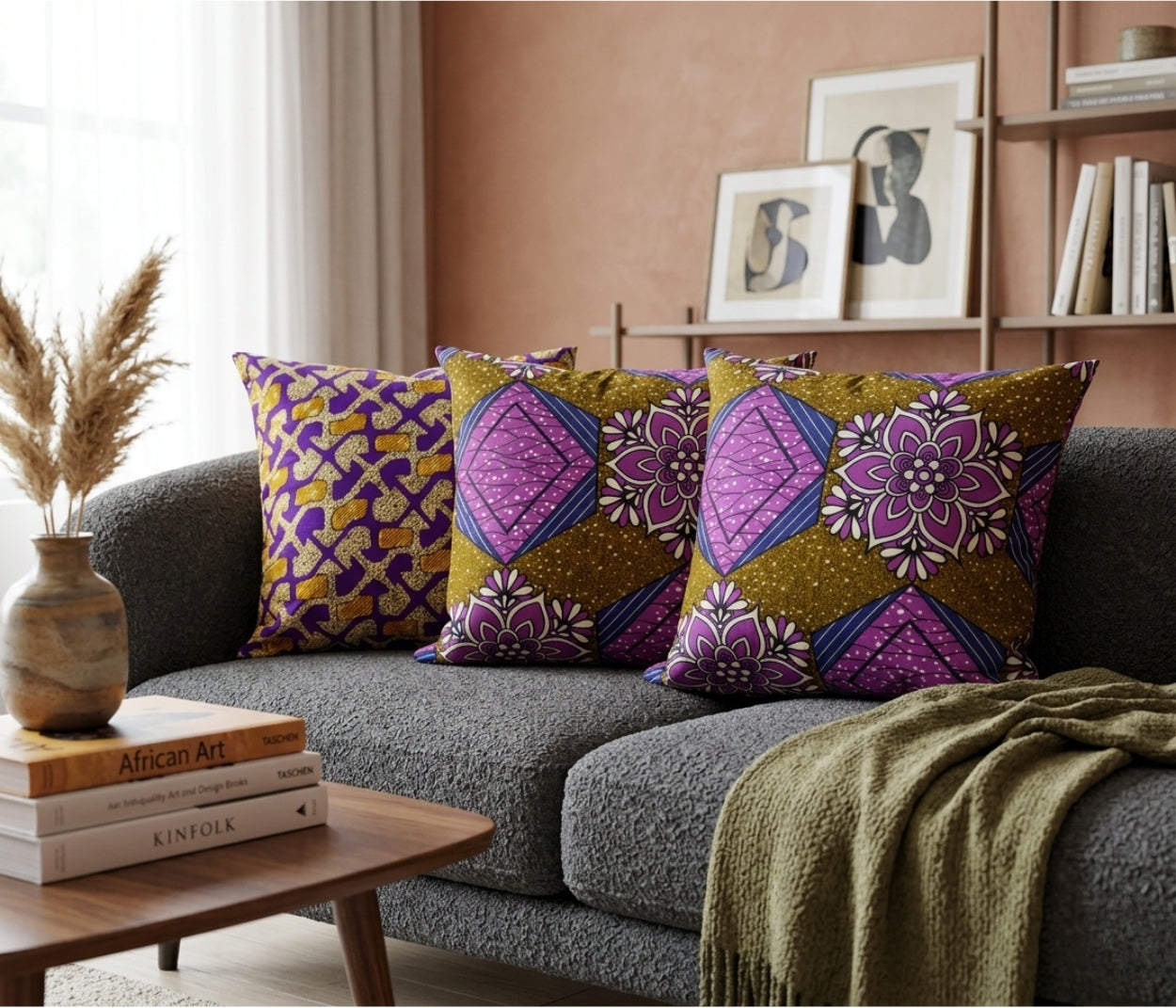 African Fabric Pillow Cover - Purple Olive Green Navy