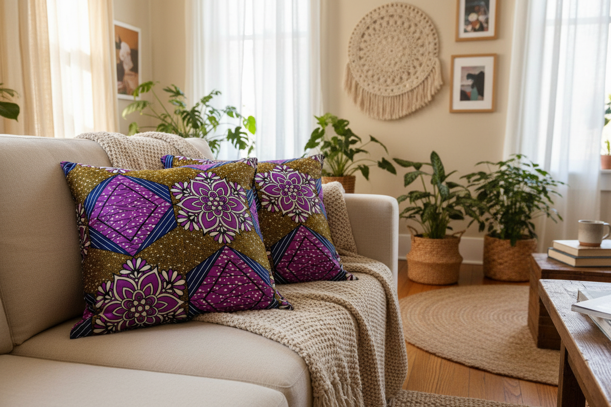 African Fabric Pillow Cover - Purple Olive Green Navy